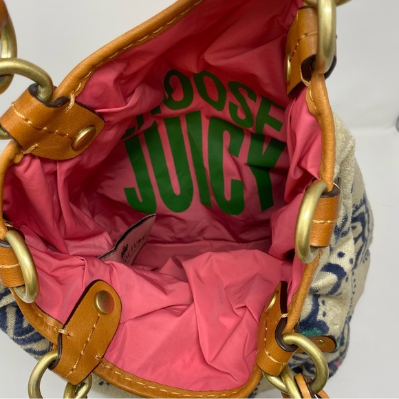 Juicy Couture Cream Patterned Terry Cloth Y2K Hobo Bag Purse with Leather Trim - Picture 8 of 8